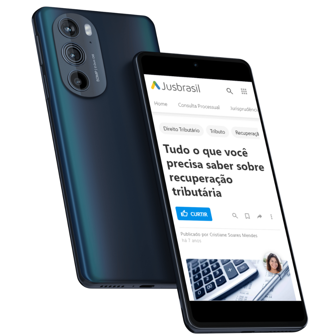 Mockup de um celular na página da Jusbrasil com o assunto de recuperação tributária